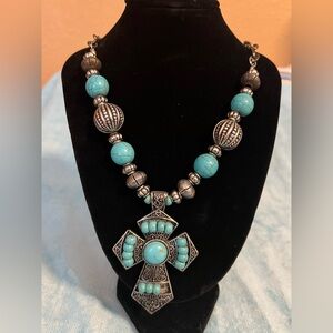 ✝️Turquoise and Silver Cross Necklace 18” plus extending chain. 
C10